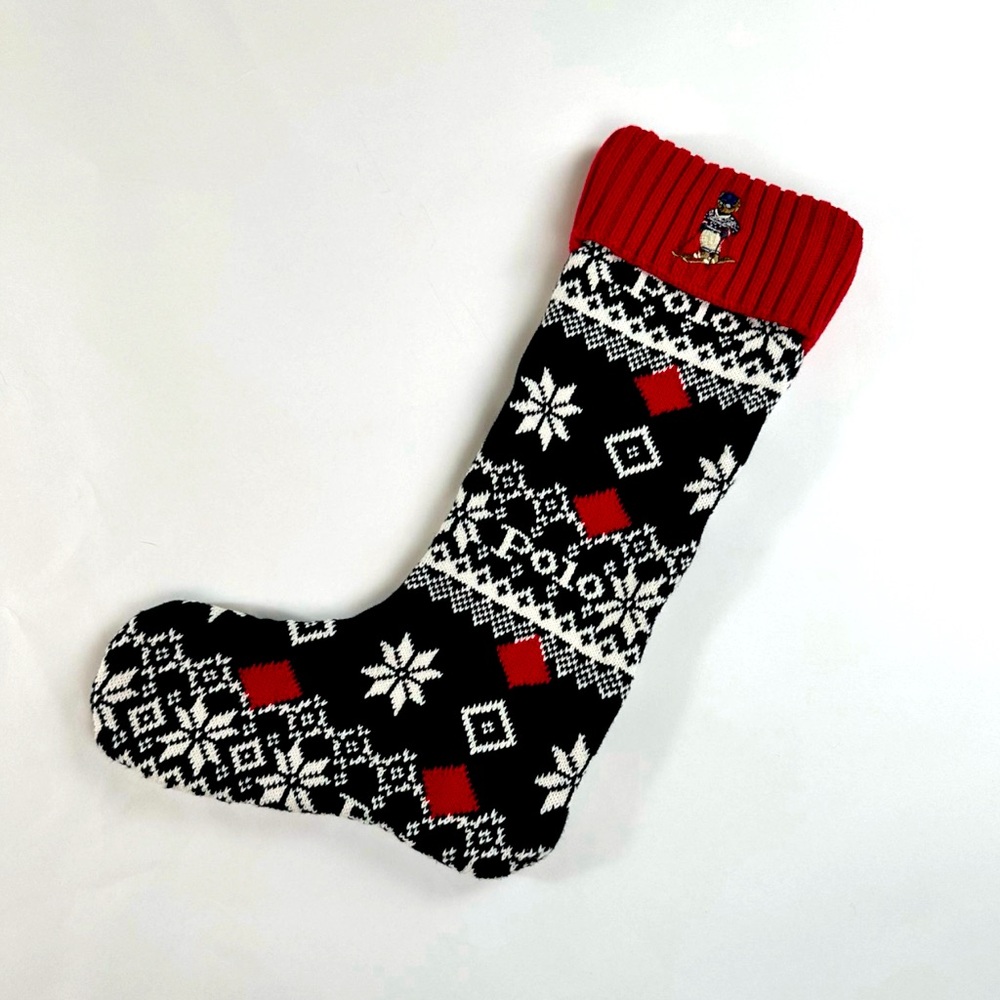 Polo Ralph Lauren Knit Fair Isle Ski Bear Christmas Stocking - NWT - Red Black
